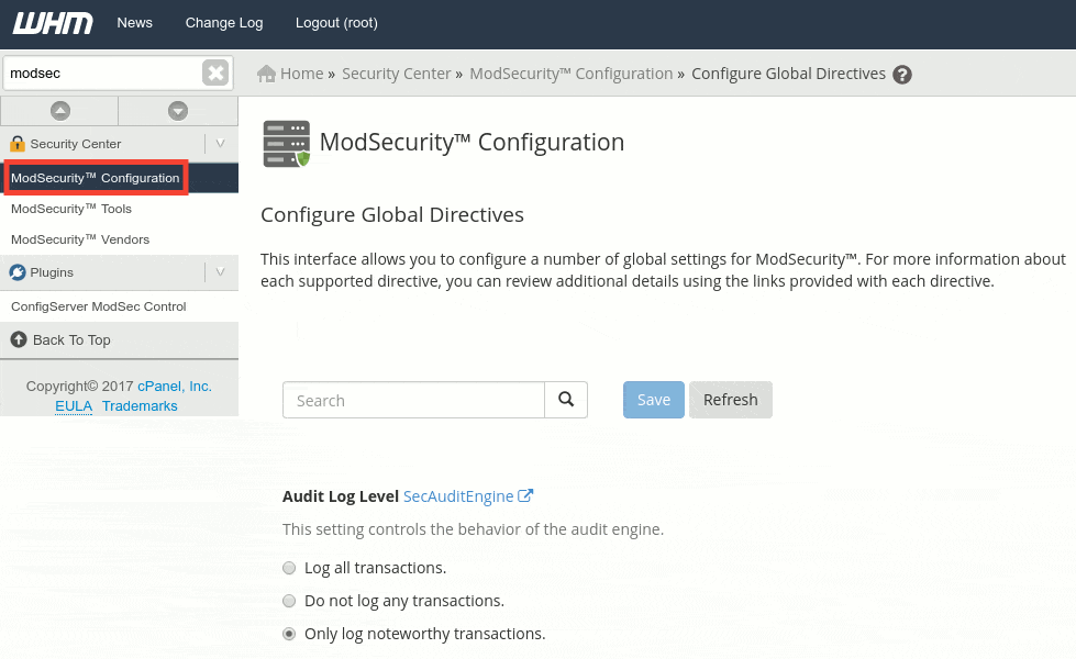 E.g.01. cPanel ModSecurity Configuration from WHM Control Panel