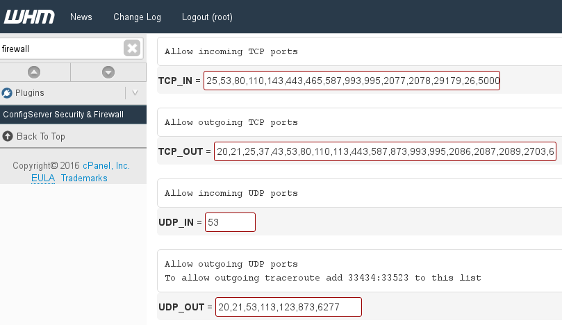 open ports cpanel whm