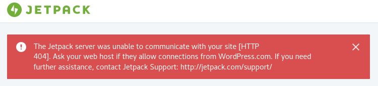 The Jetpack server was unable to communicate with your site [HTTP 404]