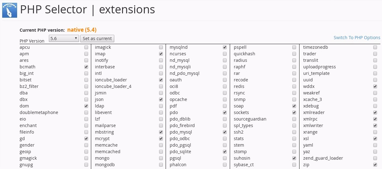 cPanel - PHP Selector - extensions