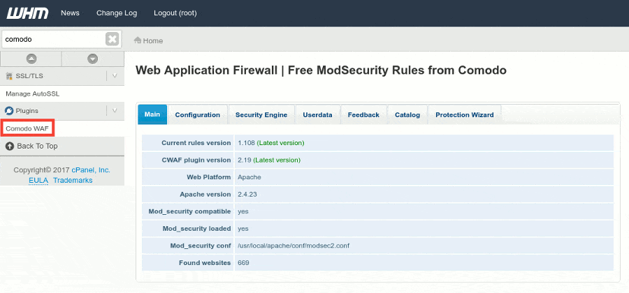 E.g. 01: The Comodo Web interface after you install Comodo WAF on cPanel control panel