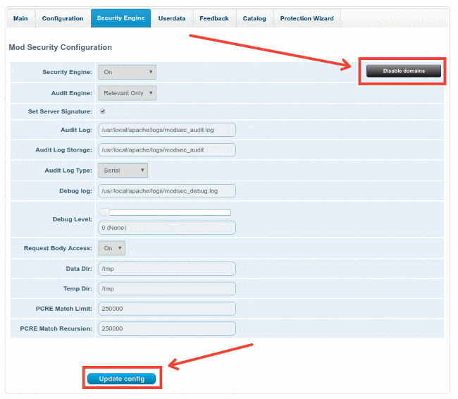 CWAF Security Configuration Tab