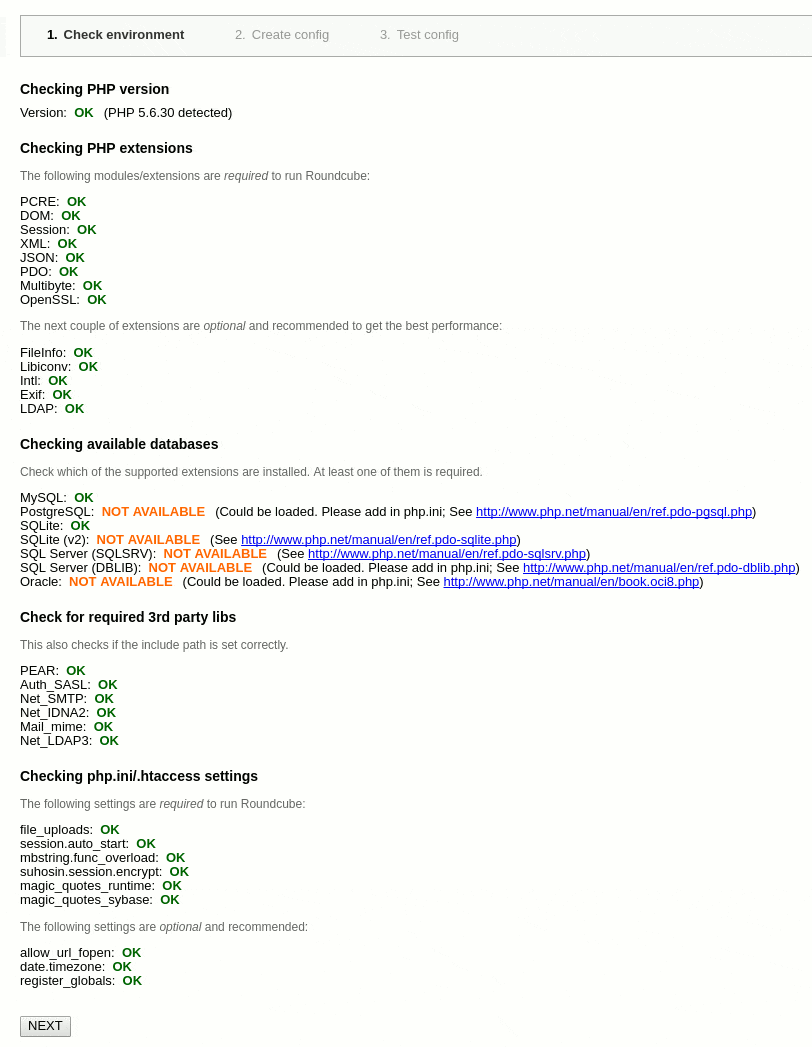Screenshot of Roundcube Installation - Check enviroment - Step 01.
