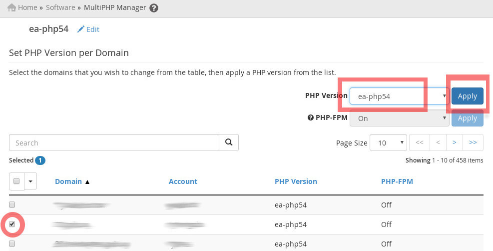 Screenshot of How to Select a php version from MultiPHP Manager Interface on WHM